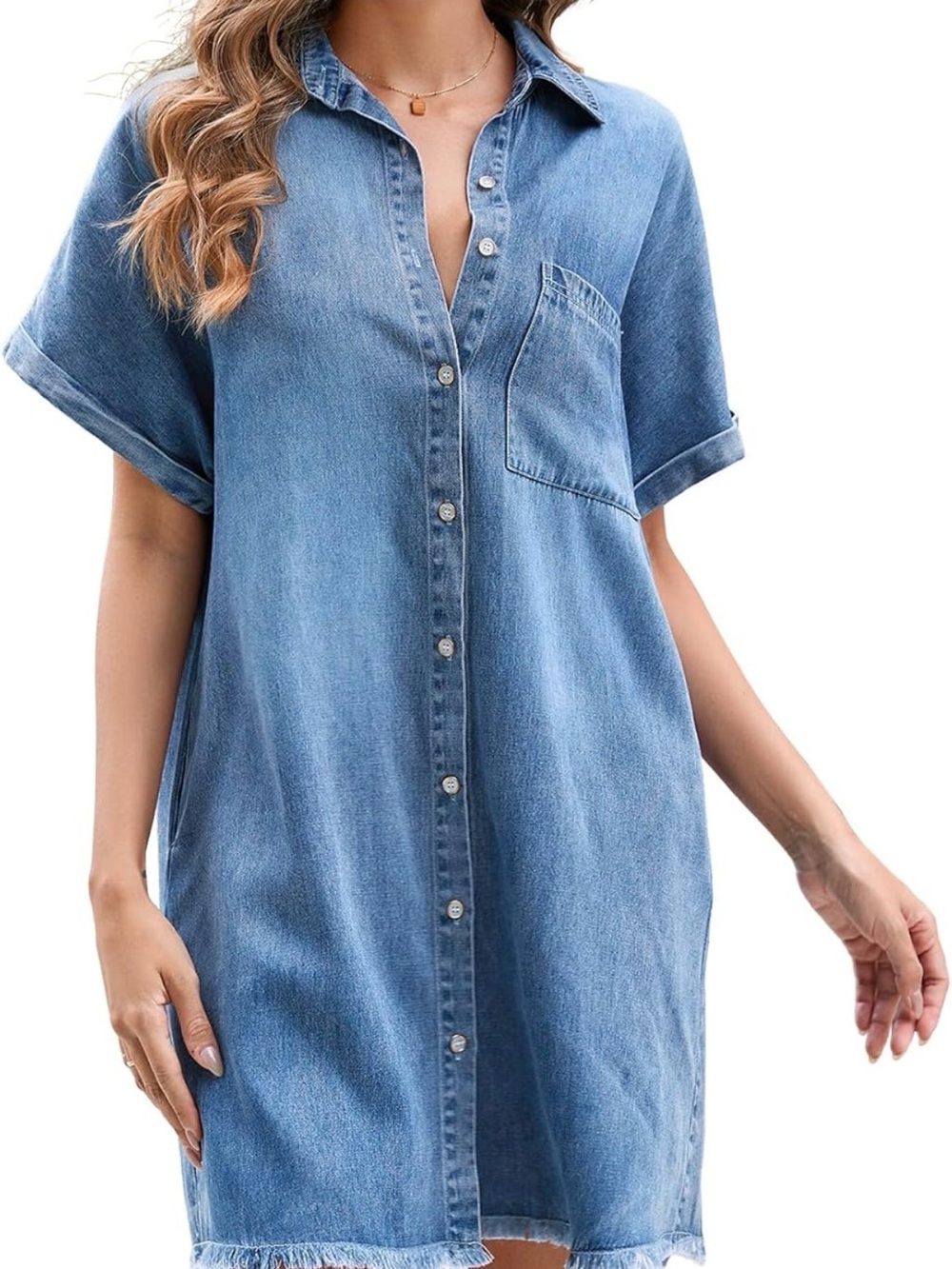 Casual Button-Front Denim Shirt Dress - Light Blue